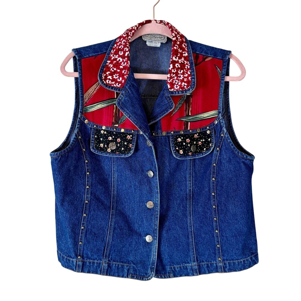 Stonebridge Denim Vest Women's Large Petite Dark Blue Red Floral Prints Eclectic